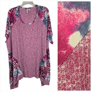 Live Well Lifestyle 26/28 Plus Womens Pink Floral Ribbed Knit Lightweight Top